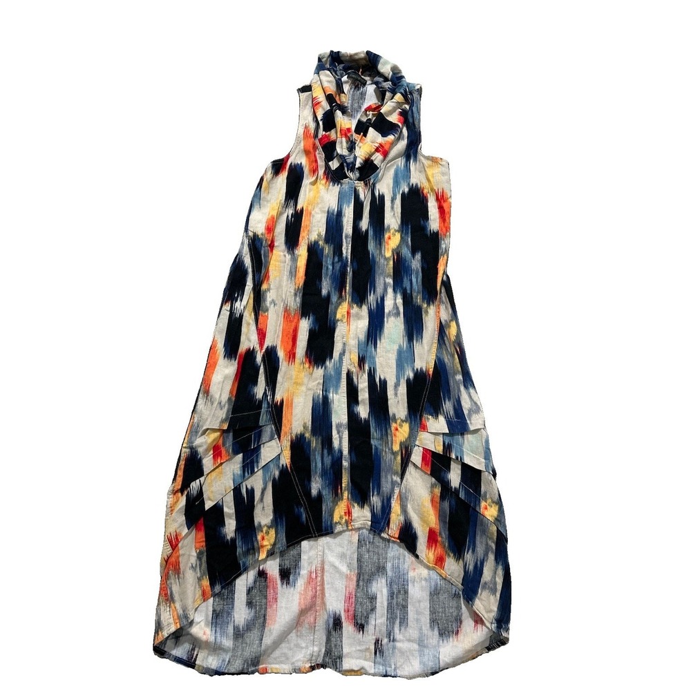 For Cynthia Linen Blend Cowl Neck Dress Midi Lagenlook Artsy Multi Color